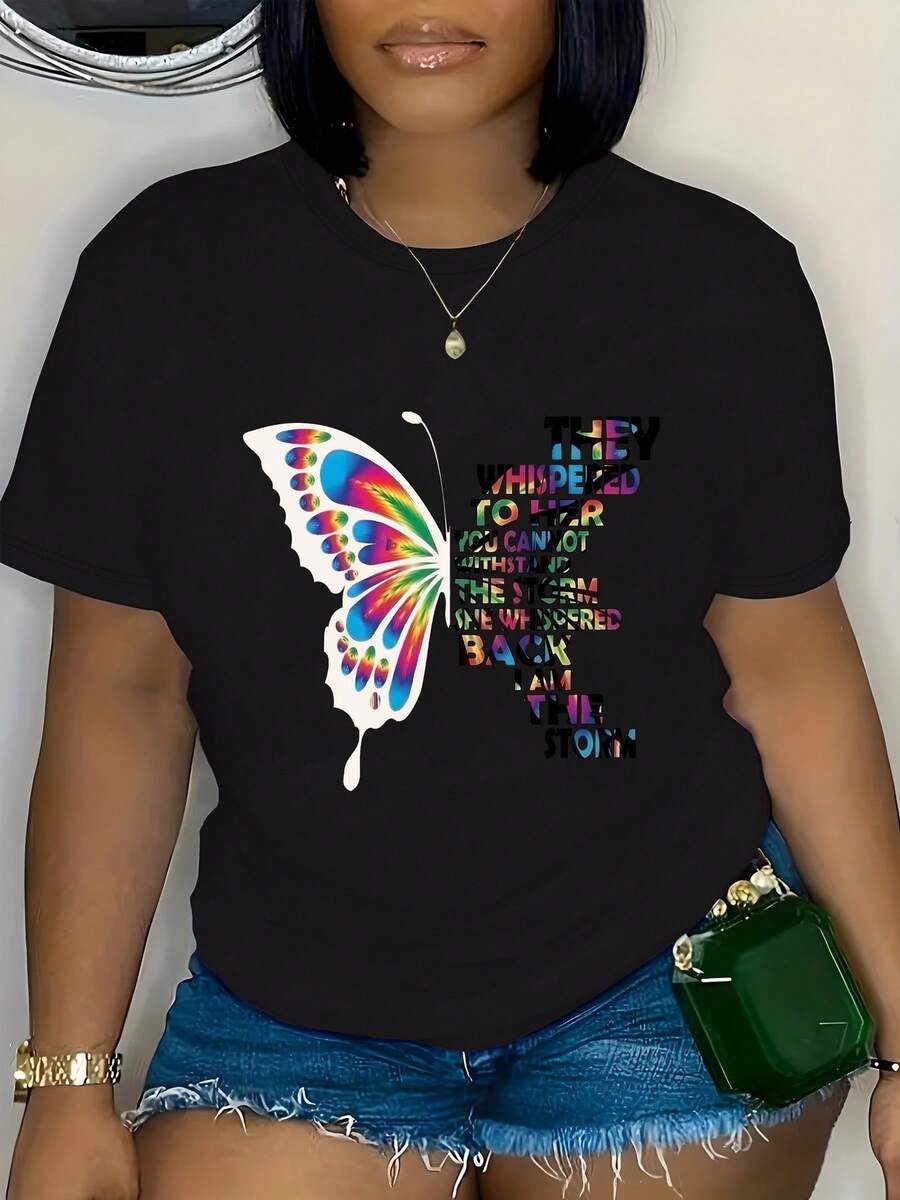 Camiseta negra Empowering para mujer: "Le susurraron que no puedes soportar la tormenta", estampado inspirador de mariposas multicolores, camiseta gráfica de manga corta con cuello redondo de algodón de 180 g, comodidad y estilo, top informal de verano - Negro - Ver 1