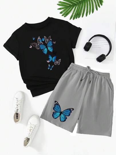 Conjunto deportivo para exteriores, camiseta de manga corta de y estampado de mariposas pantalones cortos deportivos ajustados mujercortos para mujer
