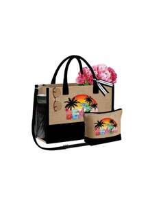 Set di borse da spiaggia per donne, borsa in tela per accessori da spiaggia, con cappello da spiaggia da donna a onde color kaki, borsa a tracolla, borsa a mano, borsa trucchi in lino, cappello da sole a tesa larga con protezione solare, cappello da viaggio da esterno a forma di fiocco