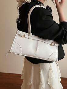 New Fashion Simple Elegant Shoulder Messenger Bag, PU Leather Retro Urban Detailed Tote Bag, Versatile Daily Commute Shopping Crossbody Bag For Women - White - View 3