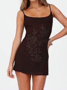 Women Sequin Sparkly Mini Dress Sexy Y2K Floral Rhinestone Sleeveless Cami Dress Backless Glitter Party Club Bodycon Short Dress Clubwear - 棕色 - 查看 2