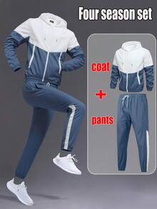 Men's Windproof Breathable Color Block Running & Fitness Tracksuit, Includes Jacket And Pants, Boyfriend Style, Sportswear, Casual Sports Set