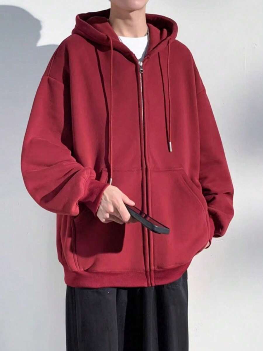 Autumn And Winter Cotton Hoodie Sweatshirt Jacket Solid Color Zipper Cardigan Versatile Sports Top - Burgundy - View 1