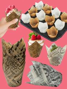 Newspaper Pattern Tulip Cupcake Liners, Mixed Colors, Grease-Resistant Natural Paper Cupcake Cups, Suitable For Weddings, Birthdays, Parties - Multicolor - View 6