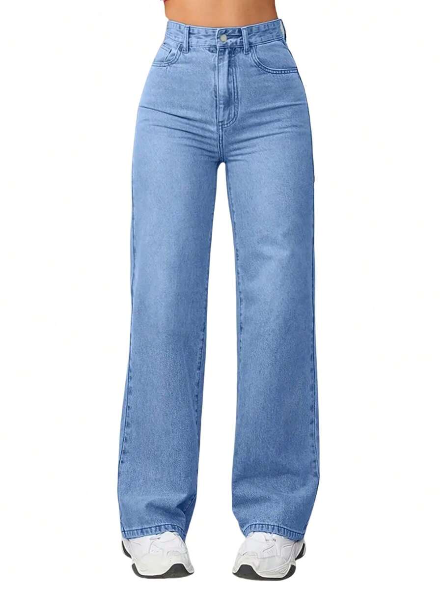 High-Waisted Loose & Comfortable Wide Leg Straight Jeans For Women, Casual Fashionable Leg-Lengthening, Y2K Youth Style - Dark Wash - View 1