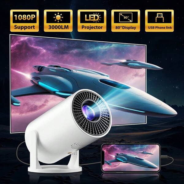 Projetor HD, Projetor de Filmes para Home Theater, Projetor de Vídeo Portátil para Ambientes Externos, Suporta 4K, A Melhor Escolha para Home Theater! Reunião de Amigos/Festa/Sala de Estar, Compatível com Smartphone/HDTV/USB/etc.
