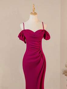 优雅露肩荷叶边腰性感修身开衩细肩带长裙、晚礼服、伴娘服、派对服 - 中紫紅色 - 查看 4