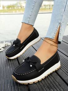 New Spring/Autumn Fashion Plus Size Platform Solid Sweet Cute Bow Flat Loafers, Versatile Slip-On Boat Shoes With Metal Chain For Women, Daily/Commute/Vacation, Classic Comfortable Round Toe Casual Sneakers - Black - View 5