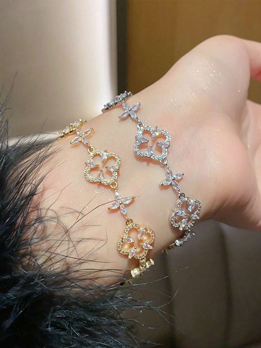 1 Pc Luxury Hollow Floral Zirconia Adjustable Bracelet, Sparkling Minimalist High-End Personalized Charm Bracelet, Gift For Birthday Party - Hollow Four-leaf Flower Bracelet - View 1