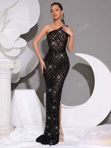 Modphy Vestido de malla asimétrico sin mangas y sin espalda, hecho a mano de lujo con cuentas, strass y lentejuelas, vestido de dama de honor formal para boda, fiesta de noche, para invitados de boda