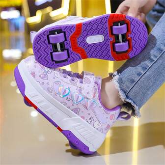 New Lovely Heart Pattern 4-Wheel Roller Skating Shoes For Teenagers And Students, With Removable Wheels