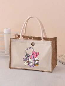 1/2pcs Nurse Theme Handbag & Cosmetic Bag Set, Patchwork Linen Tote Bag, Casual Style, Adjustable Shoulder Strap, Printed With Stethoscope, Heart, Syringe, Thermometer Patterns, Suitable For Commuting, Campus Life, Travel, Medical Events, Also A Thoughtful Gift For Holidays, Nurses' Day, Teachers' Day, Anniversary, Etc. - Khaki - View 13