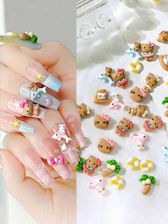 Sanrio 20pcs Hello Kawaii Kitty Nail Art Charms Cartoon Coconut Tree/Swimming Ring /Holiday/Party Manicure Decor Rhinestone , Jewelry, And Accessory Making