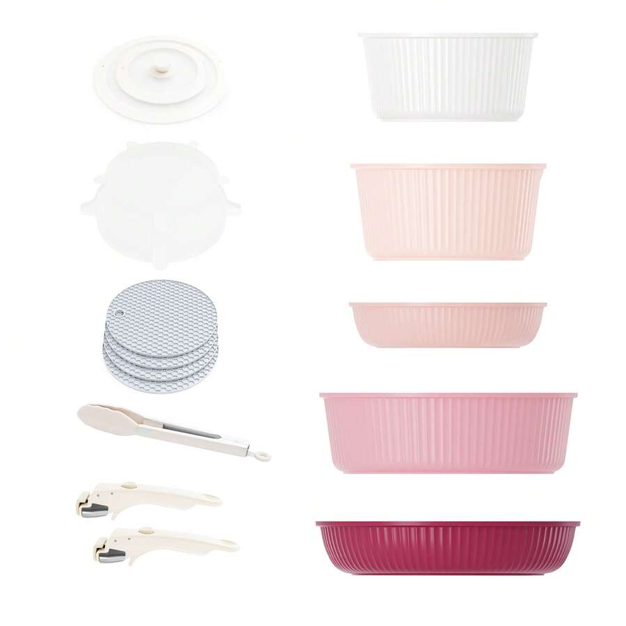 RIOVARM Induction Pots And Pans Set With Removable Handles, Non-Stick Granite Stackable Cookware Set With Silicone Lids, Space-Saving Pot & Pan Sets Without, Frying Pan, Casseroles - Pink - View 1