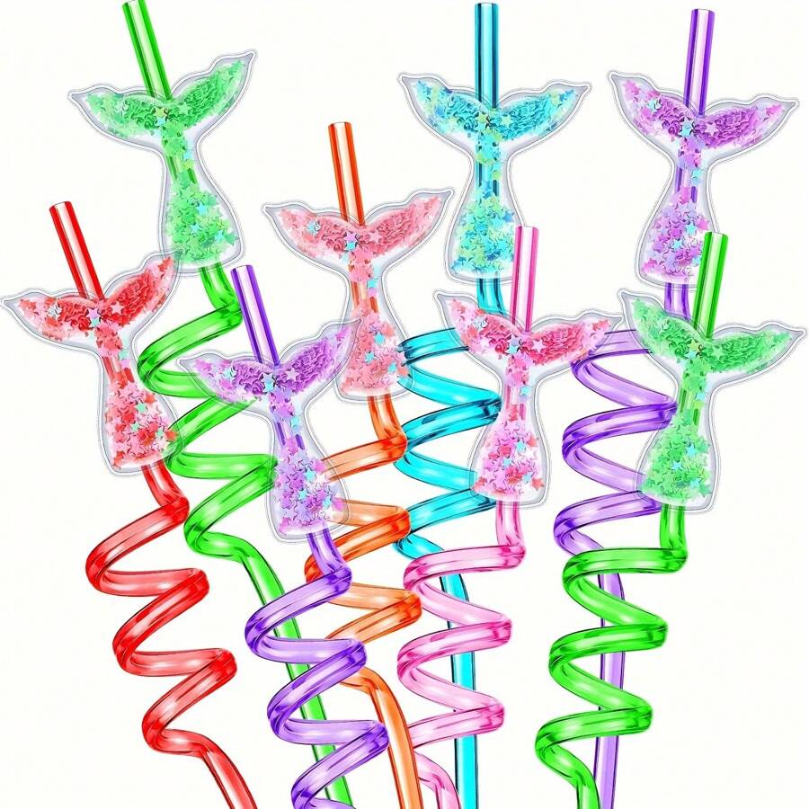 4pcs/6pcs/16pcs Glitter Mermaid Quicksand Straws, Reusable Spiral Straws For Party Favors, Wedding, Birthday, Bar, Beach, Kitchen Utensils, Graduation Gifts, Themed Birthday Party Supplies, (Random Colors)-Halloween, Christmas Decorations And Holiday Celebrations, Beverages And Fruit Teas