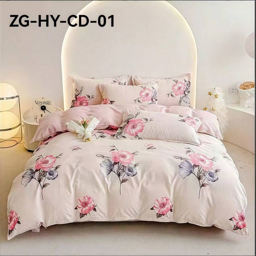 Conjunto de cama de flanela floral com 4 peças, incluindo 1 capa de edredom, 1 lençol plano, 2 fronhas, roupa de cama reversível com estampa floral para casa, dormitório, camping, adequada para todas as estações e como presente para o Dia das Mães