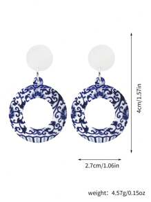 1 para nowych chińskich retro stylowych unikalnych niebieskich i białych porcelanowych pustych kwiatowych kolczyków, lekkie akrylowe geometryczne kolczyki wiszące, spersonalizowany prezent dla kobiet