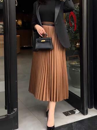 女士纯色优雅褶皱 A 字裙，轻盈舒适