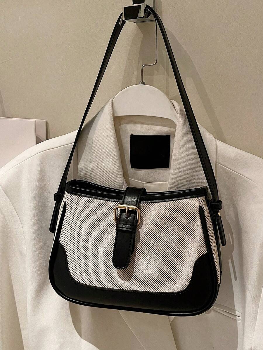 Fashionable Linen & Suede Color Block Elegant Casual Shoulder/Crossbody Bag - Black - View 1
