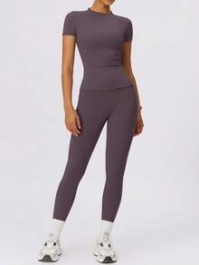 2Piece Set Women's Solid Crop High Waist Biker Pants Tracksuit Set, Streetwear Tracksuit, Sporty Breathable Comfy Outfits For Gym Workout Running, Ladies Sportswear For Fall, Minimalistic Outfit, Cute Going Out Tops - 紫色 - 查看 4
