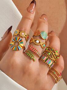 Conjunto sortido de anéis de esmalte vintage em tons de aço inoxidável femininos, 6/10/16/24/30 peças, cores e estilos aleatórios, adequado para decoração diária