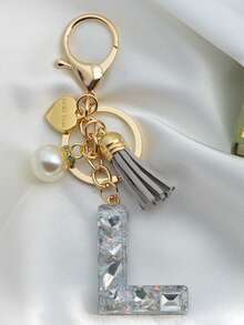 1pc Initial Letter Keychain, Diamond Accented Key Chain Pendant, Minimalist& Fashionable Bag Charm For Men - Silver - View 9