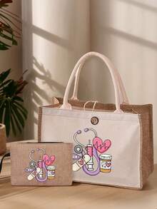 1/2pcs Nurse Theme Handbag & Cosmetic Bag Set, Patchwork Linen Tote Bag, Casual Style, Adjustable Shoulder Strap, Printed With Stethoscope, Heart, Syringe, Thermometer Patterns, Suitable For Commuting, Campus Life, Travel, Medical Events, Also A Thoughtful Gift For Holidays, Nurses' Day, Teachers' Day, Anniversary, Etc. - Khaki - View 3