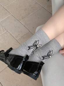 1 Pair Women's Korean Style Socks With Embroidered Bow & Pearl Decor, Fashion Sweet & Cute