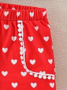2pcs/Set Young Girl' Ruffled Cap Sleeve Tee And Heart Print Shorts Set, Age 3-7 - Red - View 6