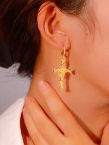 1 Pair Fashionable Minimalist Elegant Rose Flower & Cross Pendant Earrings, Luxury Jewelry Suitable For Women Dates & Parties - A Pair Of Earrings - View 2