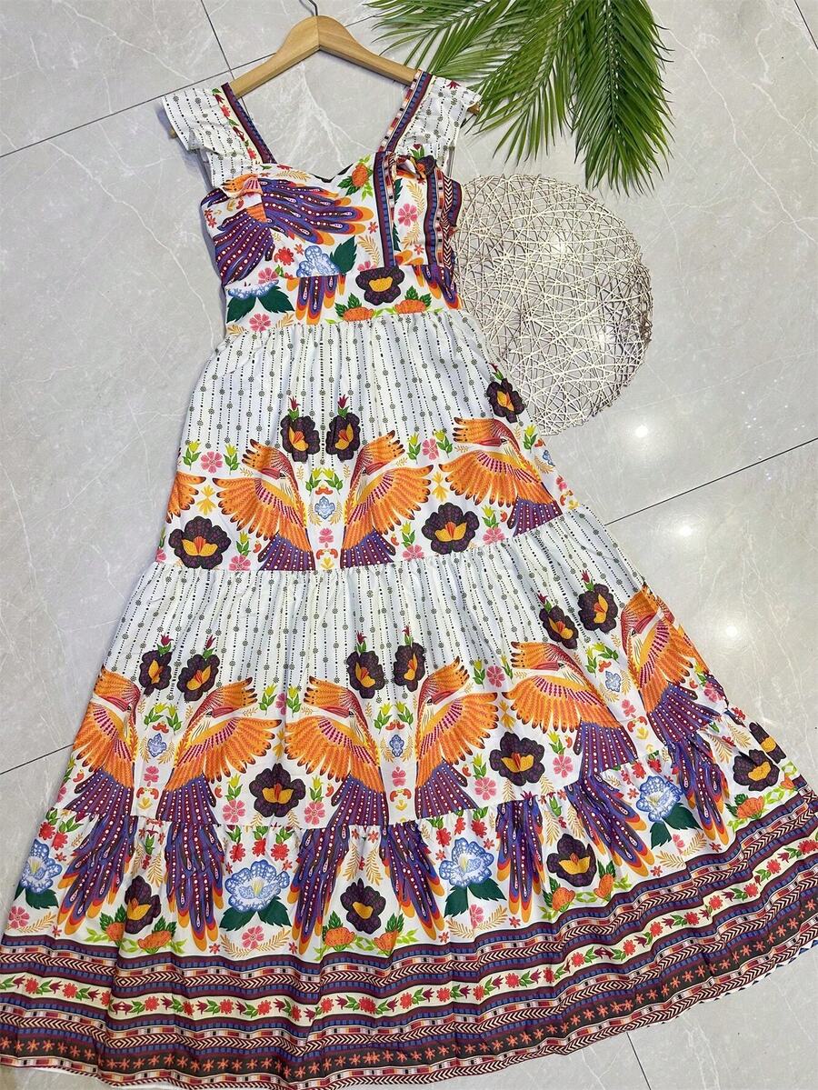 Long Dress PRINTED With Lining With Cup In Beautiful, Fashionable CREPINHO Fabric - Orange - View 1
