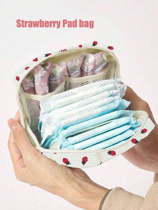 White Corduroy Strawberry Sanitary Napkin Storage Bag, Portable Storage Bag, Large Capacity, Simple Style, Used To Store Sanitary Napkins, Pads And Tampons, A Must-Have For Girls, A Good Choice For Going Out.