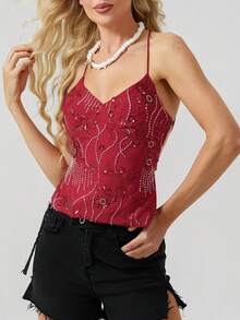 Women Y2K Sequin Cami Top Sexy Low Cut V Neck Open Back Criss Cross Straps Tank Tops Cute Sparkle Backless Summer Going Out Crop Tops Party Tops New Years Top - 紅色 - 查看 5