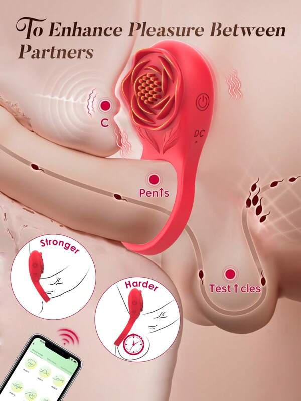 LIKETHAT Anneau pénien vibrant avec stimulateur clitoridien en forme de rose, jouet pour adultes avec télécommande APP pour couples. Anneau vibrant pour pénis, jouets sexuels pour adultes pour hommes et femmes, vibromasseur en forme de rose, 10 modes de vibration, jeux sexuels pour couples