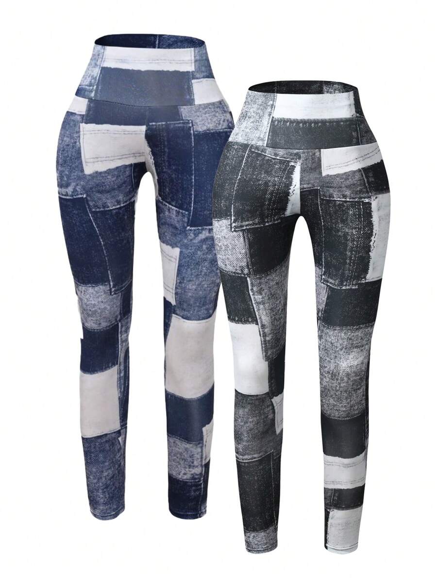 2pcs Women's Outdoor Sports Pants, Patchwork Print Design Yoga Leggings