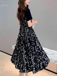 Fake dos piezas versión coreana del vestido floral de verano de moda femenina suelta empalme delgado en la sección larga de manga corta pequeño vestido negro sub - Negro - Ver 2