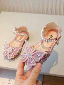 A Pair Of Fashionable New Girl Princess Shoes, Little Girl Soft-Soled Crystal Diamond Bow Sandals, Baby Diamond Shoes, Girls Sequined Dancing Closed Toe Shoes.