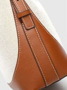 Bolso de cubo de lienzo con diseño de patchwork, bolso de mano de diseñador para mujer, bolso de lujo con correa de hombro ancha de piel de PU