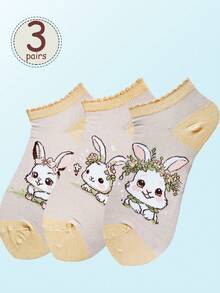 3 Pairs Women's Multi-Color Bunny Design Cute, Sweet, Soft, Comfortable & Versatile Ankle Socks, Suitable For Daily Wear - Multicolor - View 1