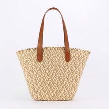 Bolsa de ombro grande para viagem, casual, simples, de palha, com corda de papel bicolor, para mulheres, 1 peça - Damasco - Ver 9