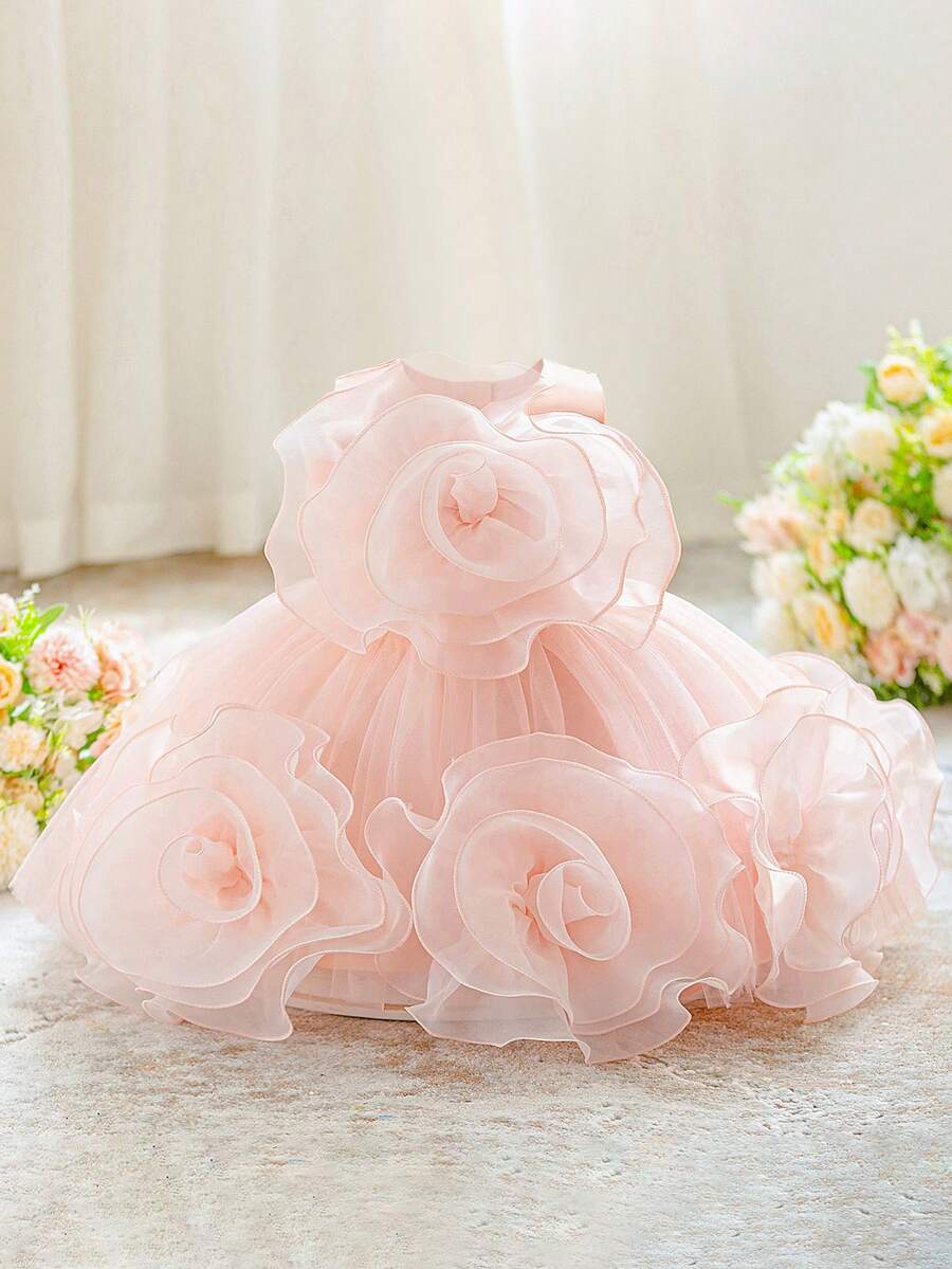 女嬰無袖3D花朵網紗花童公主禮服,適合婚禮派對,不含髮箍 - 淺粉色 - 查看 1
