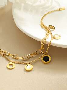 1pc Stainless Steel Double Layer Roman Shell Bracelet, Fashionable & Versatile, Won't Fade, Suitable For Daily Wear - Silver - View 6