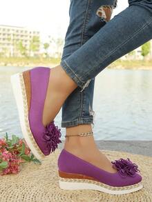 1 Pair Women's Purple Rope Thick Bottom Wedge Pointed Toe Handmade Floral Comfortable Casual Slip-On Shoes, Suitable For Casual, Wedding, Outdoor, Spring/Summer - Purple - View 5