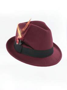 1pc Unisex Elegant Square Woven Band & Feather Trim Felt Trilby Hat, Suitable For Daily & Holiday Wear - Multicolor - View 13