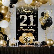 1 pièce Décorations pour les 16e, 18e et 21e anniversaires - Décorations de fête noires et dorées avec bannière de porte, panneau de pelouse et toile de fond pour photo - Fournitures de fête d'anniversaire de 18 ans pour les adolescents