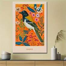 1pc Vibrant Magpie Bird & Floral Canvas Art Print - Rustic Vintage Wall Decor With | Colorful Home, Kitchen, Bedroom, Office & Bathroom Poster ,No Frame
