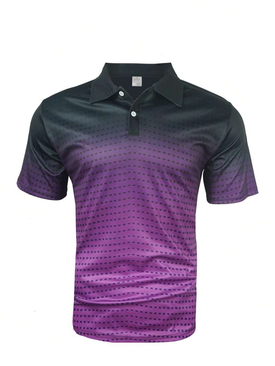 Polo deportivo de hombre con estampado de puntos degradado de morado a negro, cuello con botones y manga corta, tela elástica y cómoda, elegante Top adecuada para el trabajo diario y salidas casuales - Morado - Ver 1