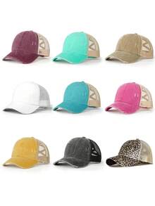 1pc Distressed Criss-Cross Meshy Ponytail Baseball Cap, Outdoor Adjustable Sun Ion Casual Hat For Boys And Girls, Suitable For Spring, Autumn, Travel, Beach - Washed Ripped Cross Ponytail Baseball Cap - View 1