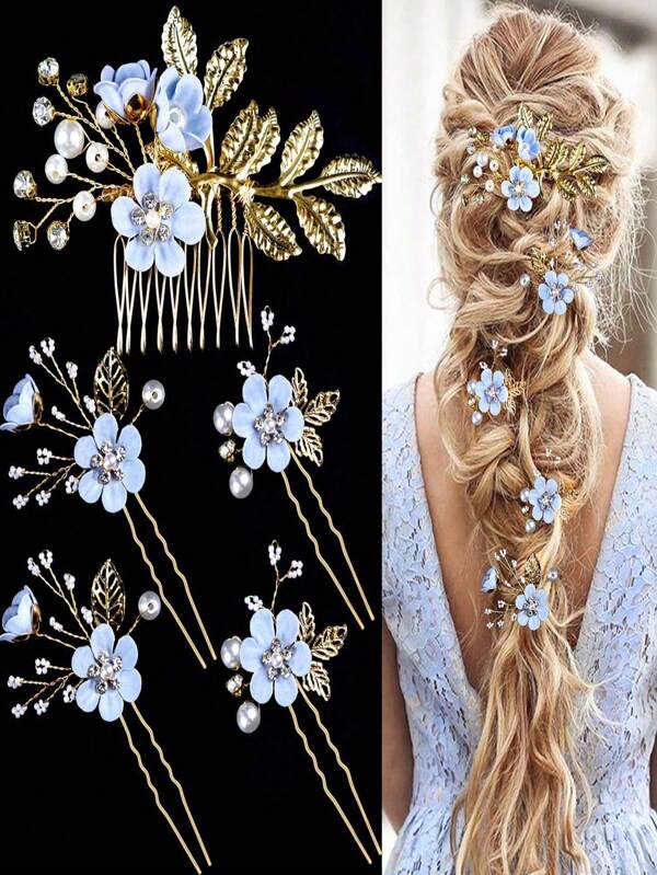 Set da 5 pezzi Forcine per capelli con fiori azzurri chiari, accessorio da sposa e da matrimonio