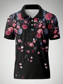 Men's Retro Floral Print Business Short Sleeve Polo Shirt - Black - View 3